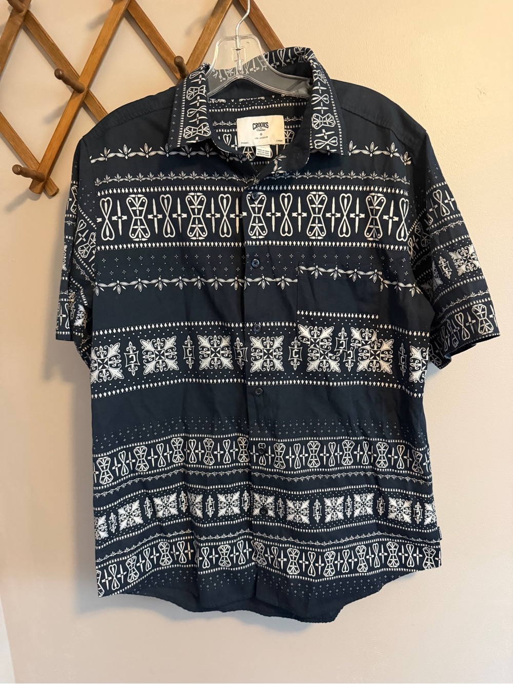 Crooks & Castles Navy Blue Bandana Geo Short Sleeve Button Up Shirt M
